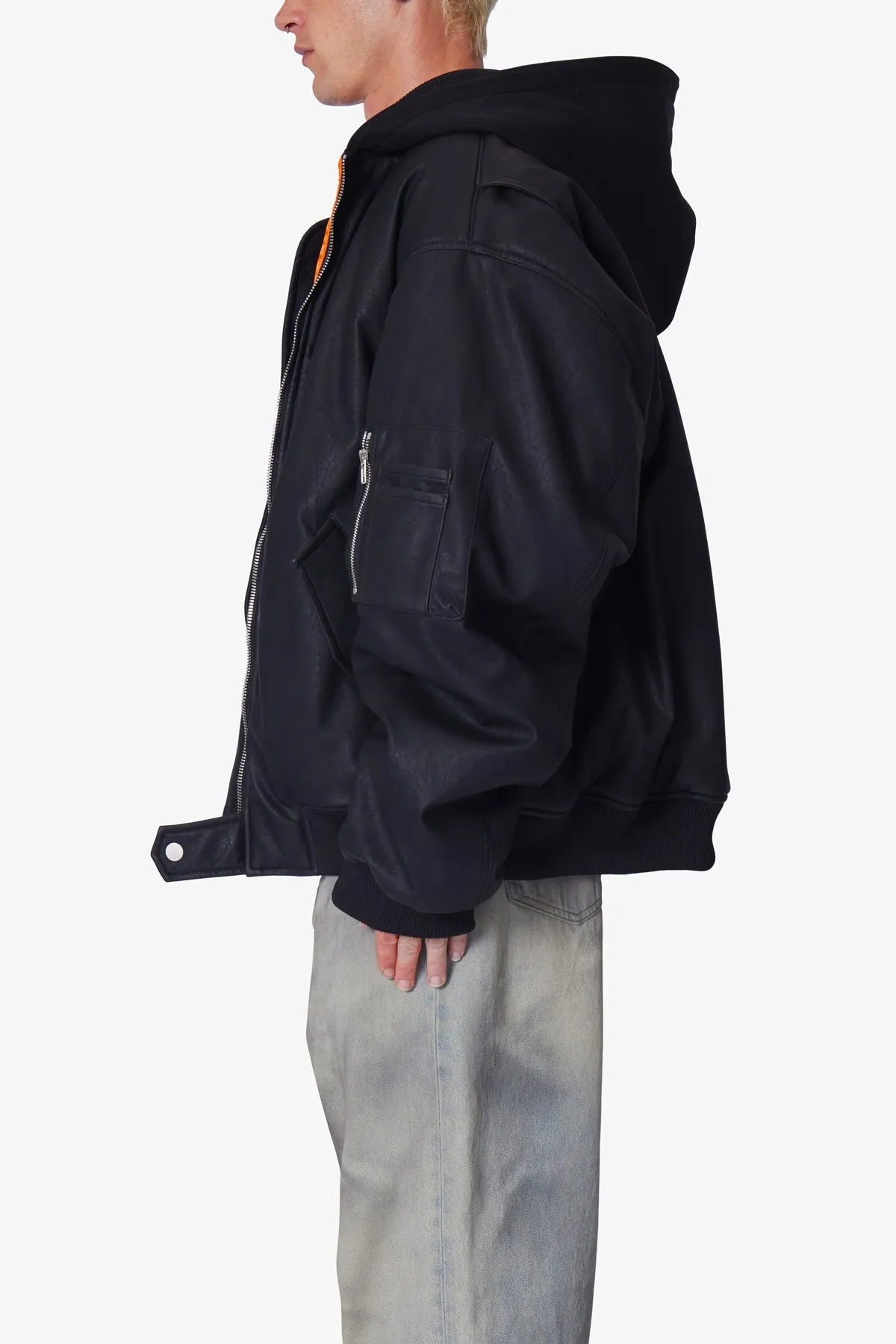 Oversized Hooded Bomber Jacket - Black