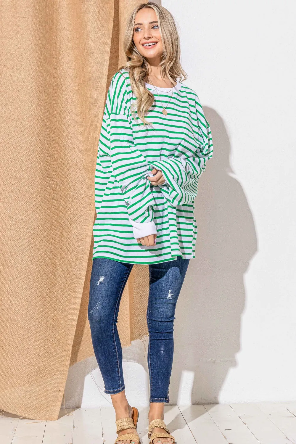 Oversized Striped Balloon Sleeve Top New Women's Fashion Baggy Long Sleeve Shirt