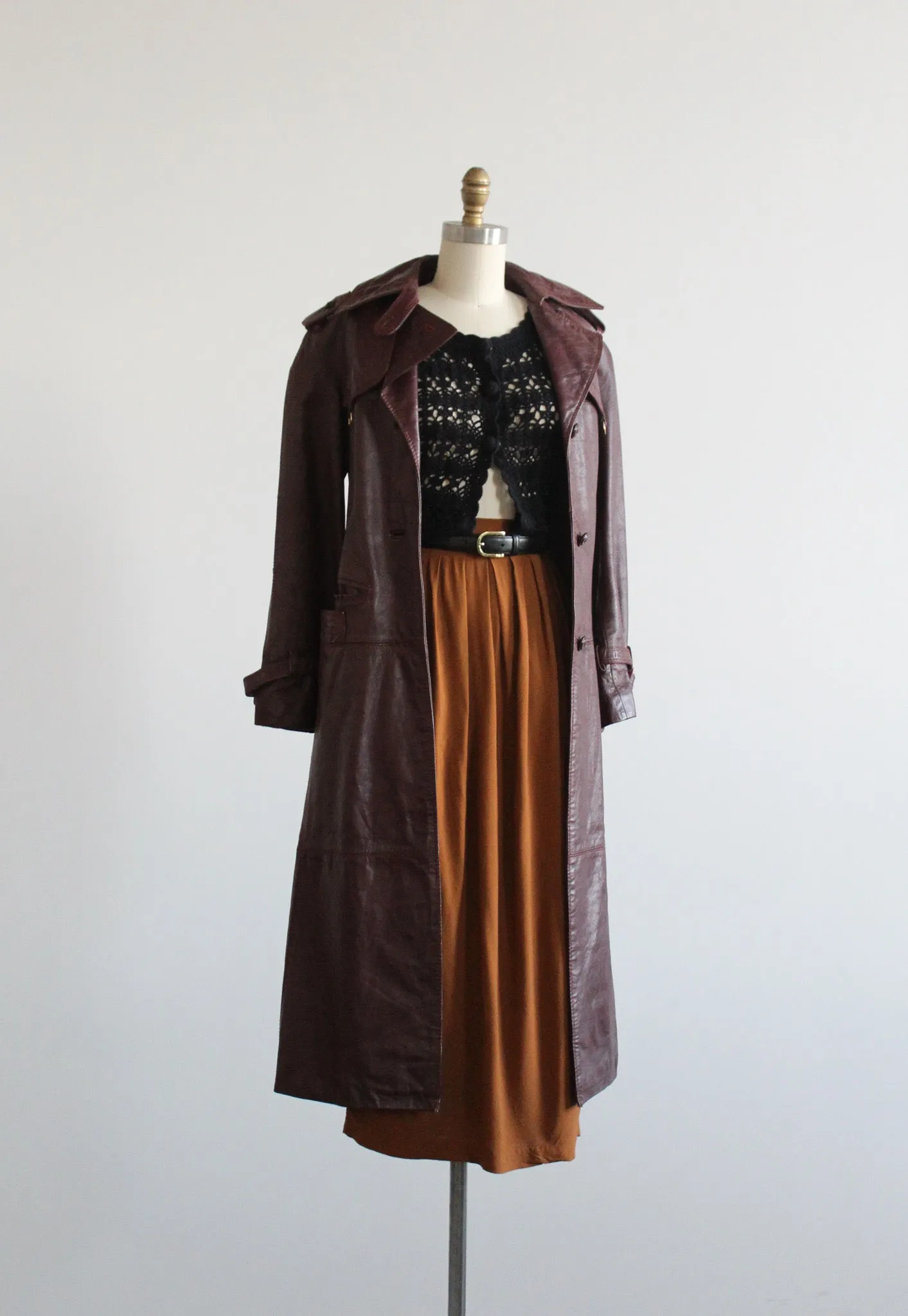 oxblood leather trench