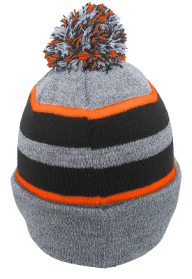 Pacific Headwear Knit Fold Over Pom-Pom Beanie - Heather/Black/Orange