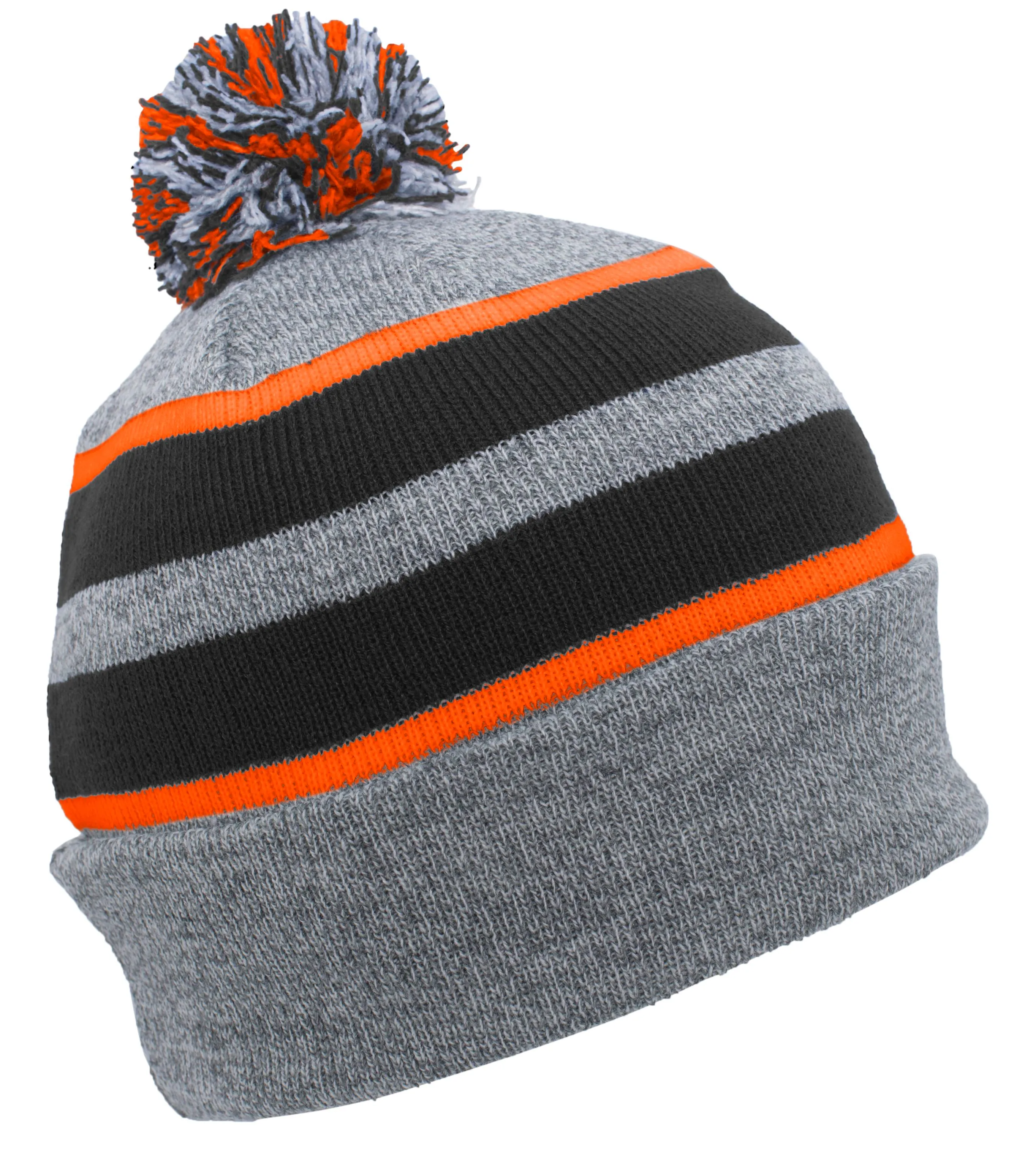 Pacific Headwear Knit Fold Over Pom-Pom Beanie - Heather/Black/Orange