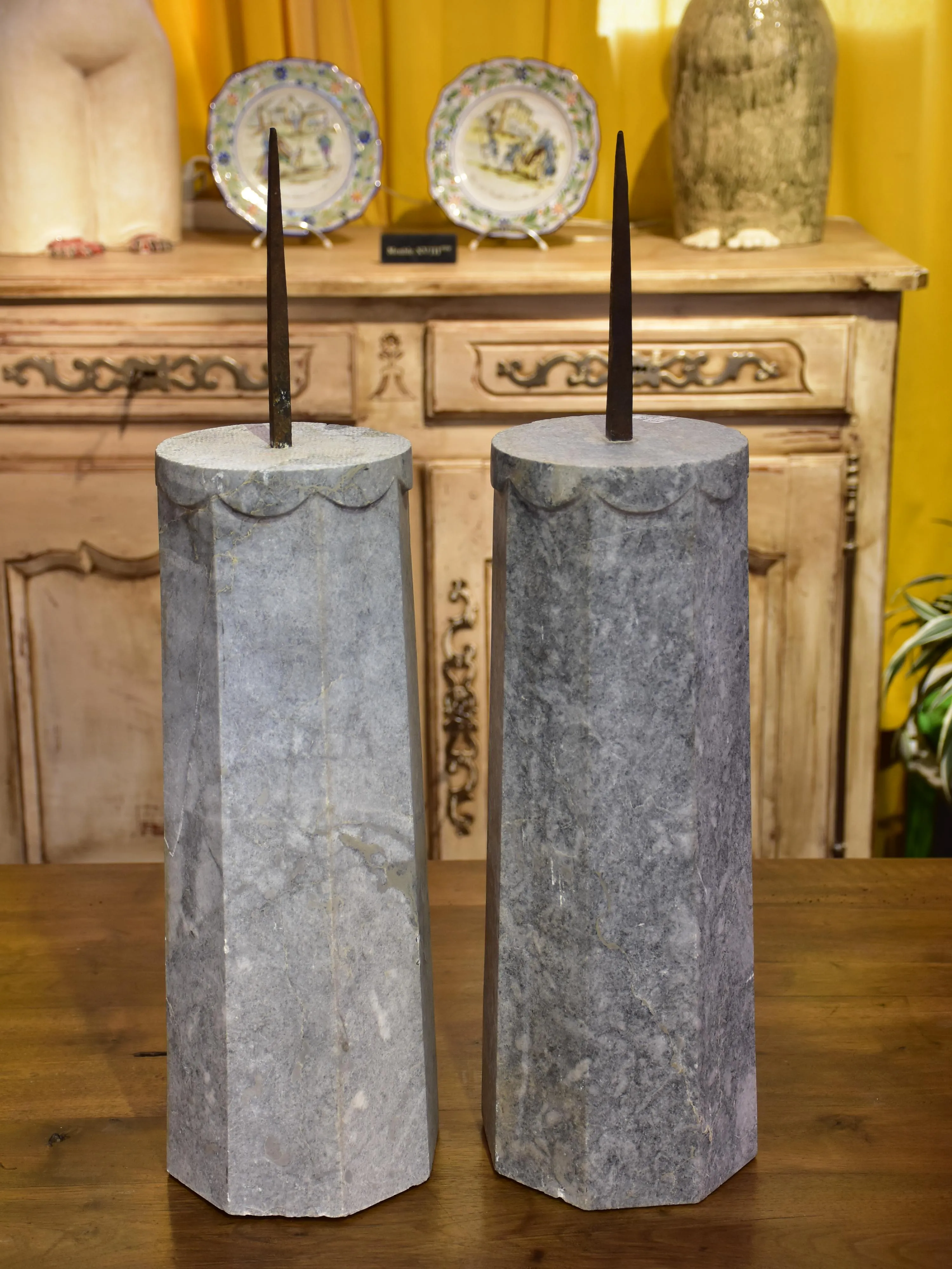 Pair of extra-large stone candle holders