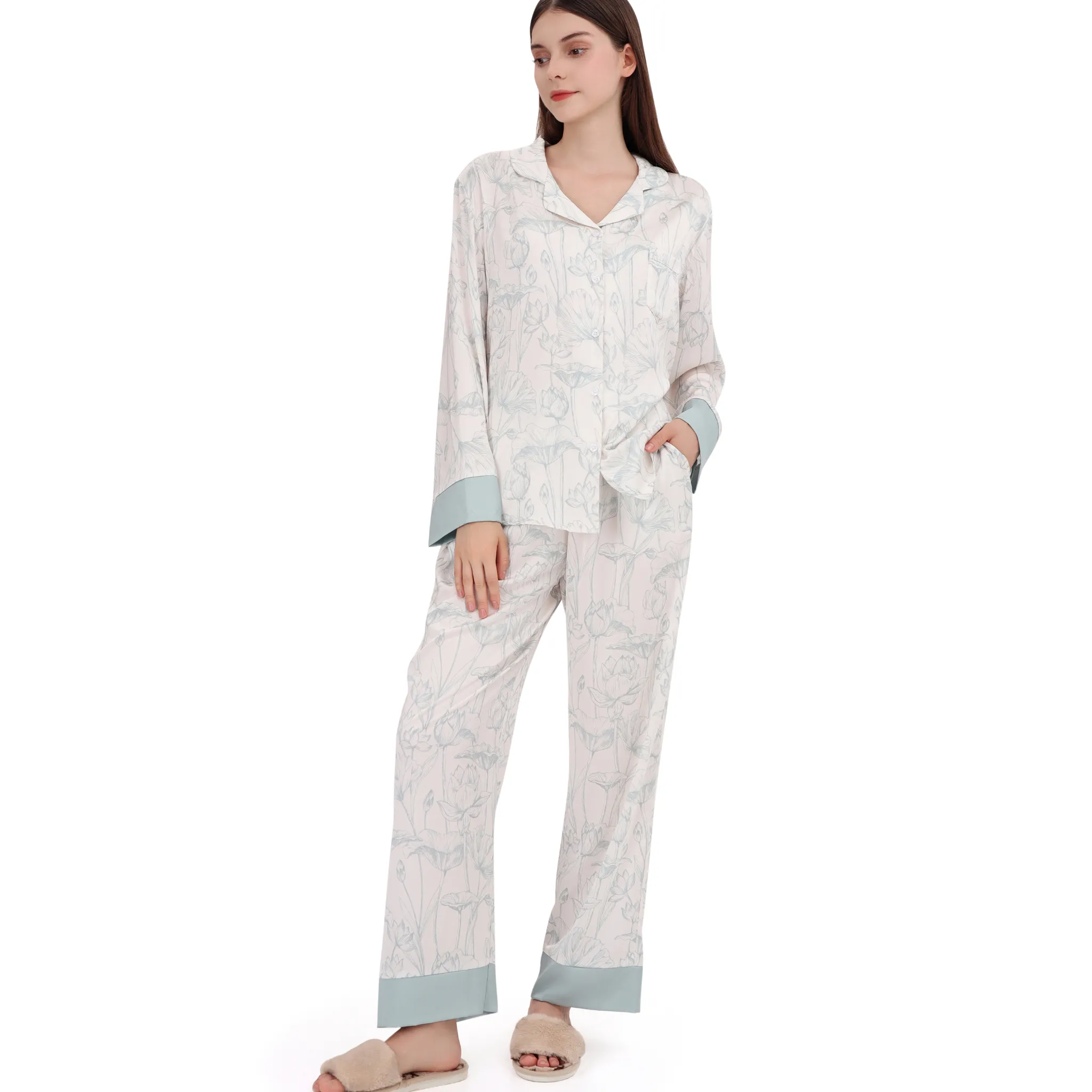 Pajamas Set Long sleeve and Pants Sleepwear Soft and Comfy Button Down Loungewear Relaxed Fit Pure Flowers