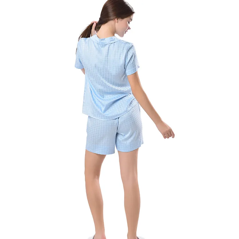 Pajamas Short Set Sleepwear Soft and Comfy Button Down Blue Geometry