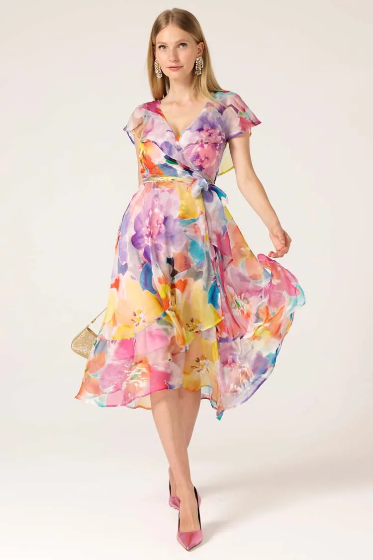 Pajaritos Floral Wrap Silk Dress