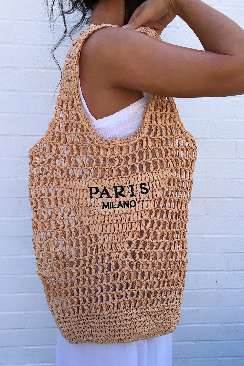 Paris Milano Beige Crochet Straw Tote Bag