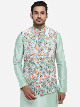 Pastel Green Kurta Set with Multicolour Bandhgala Jacket  | Azania