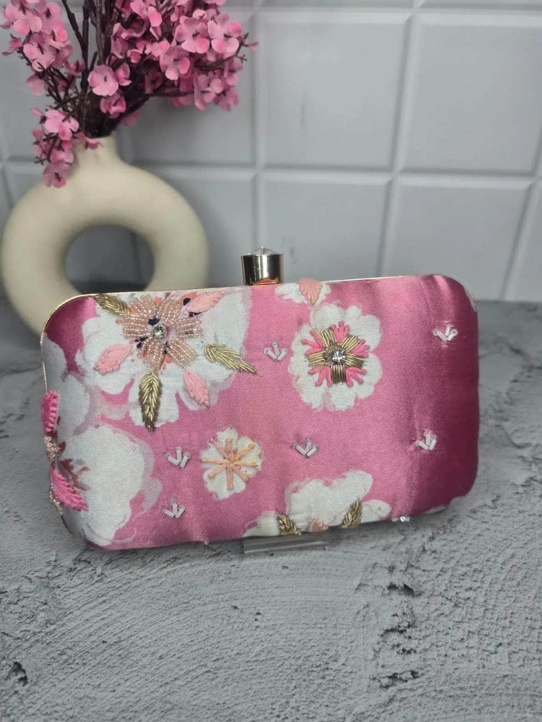 Pastel Pink Printed Sequin Clutch Purse