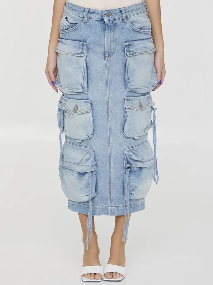 Patch Pocket Split Seem Denim Midi Skirt