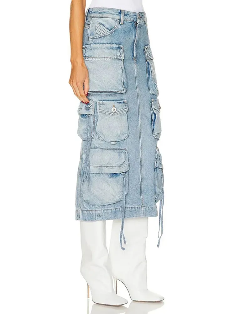 Patch Pocket Split Seem Denim Midi Skirt