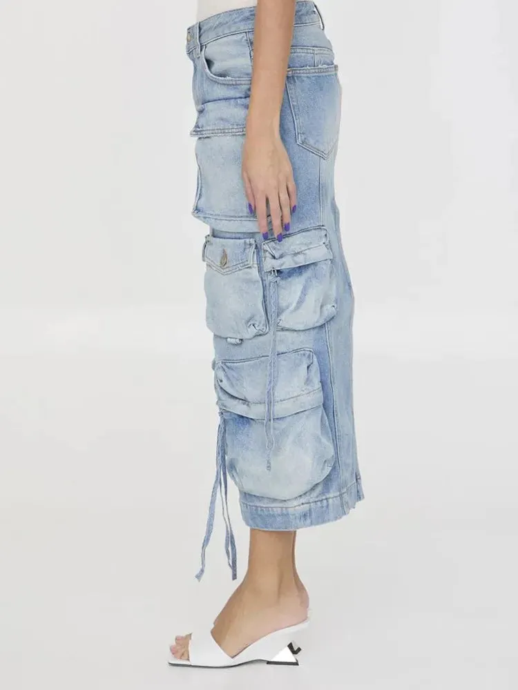 Patch Pocket Split Seem Denim Midi Skirt