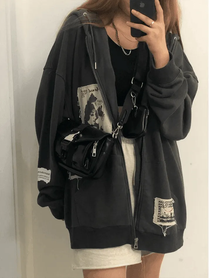 Patchwork Oversized Zip Up Hoodie