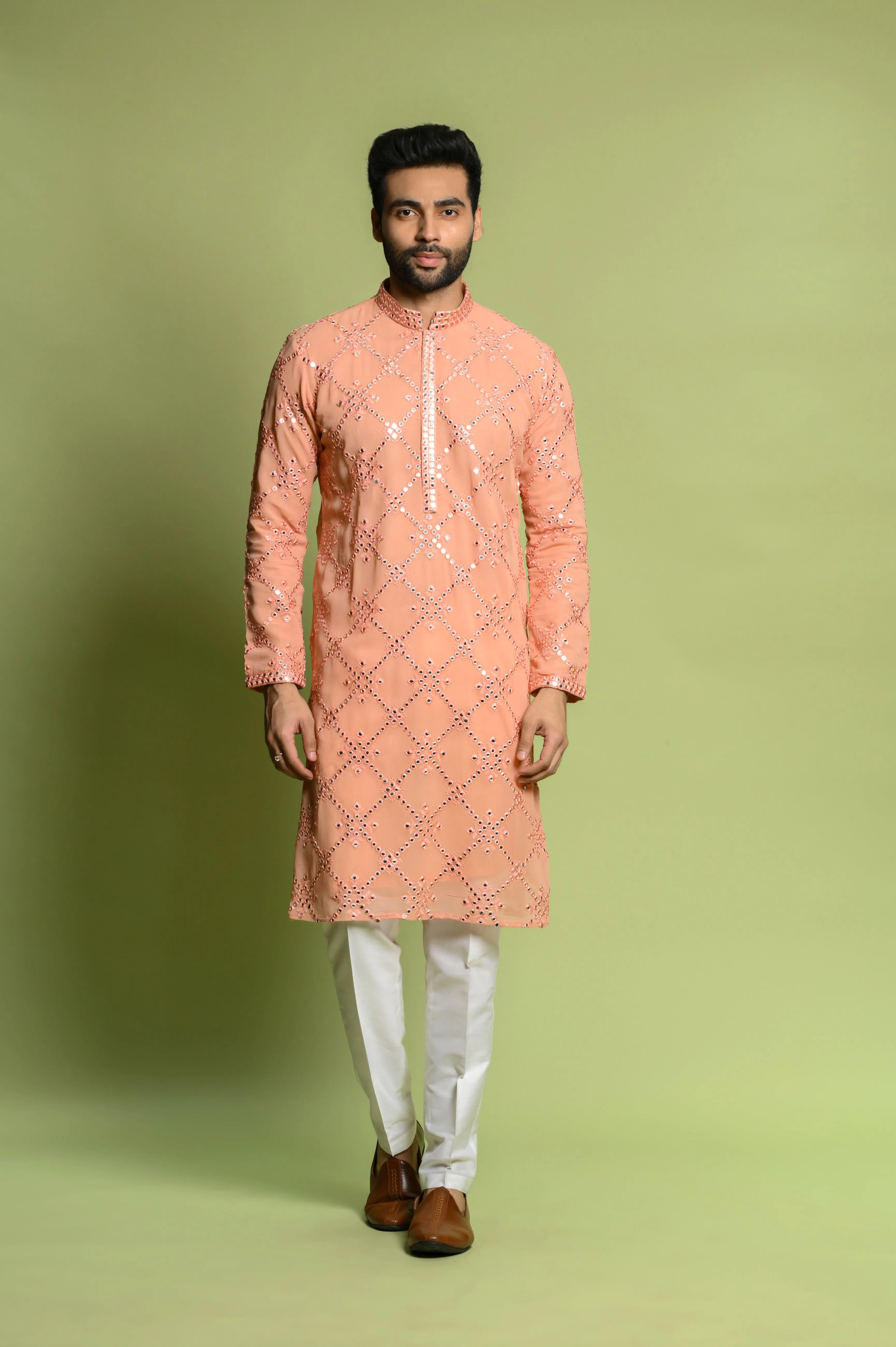 Peach Chiffon Kurta Set in Mirror Work