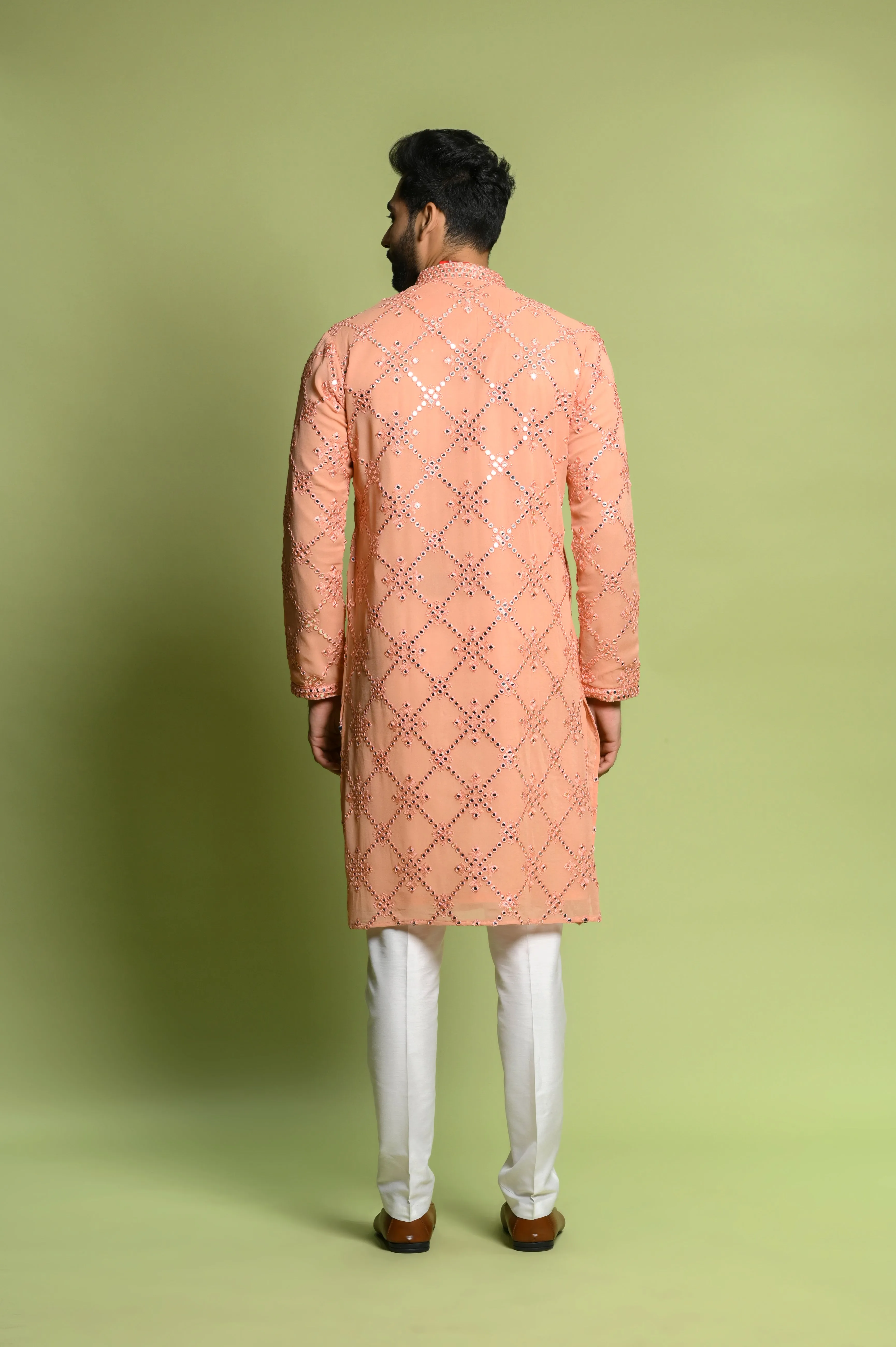 Peach Chiffon Kurta Set in Mirror Work