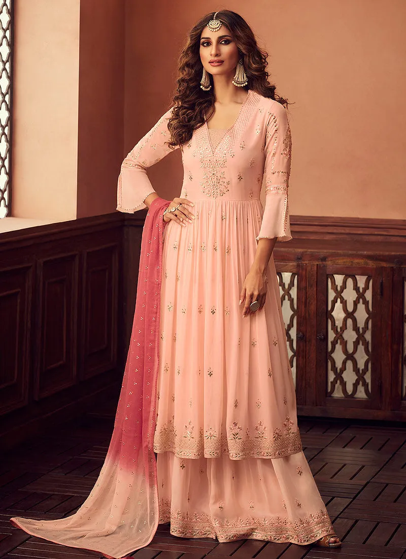 Peach Golden Embroidered Designer Palazzo Suit