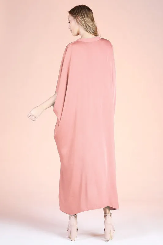 Peach Washed Poly Silk Notched High Low Caftan Dress