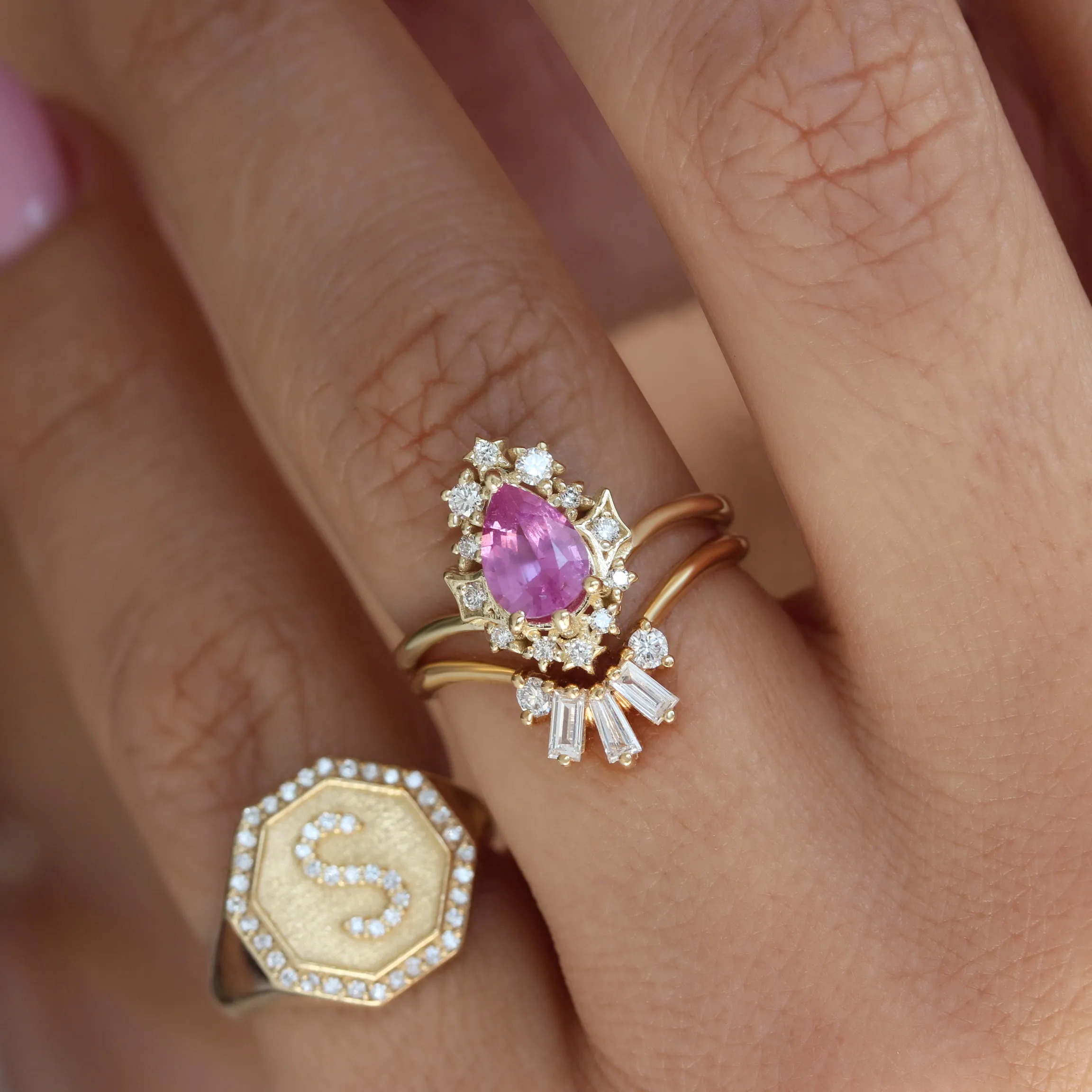 Pear Pink Sapphire Celestial Diamond Halo Ring