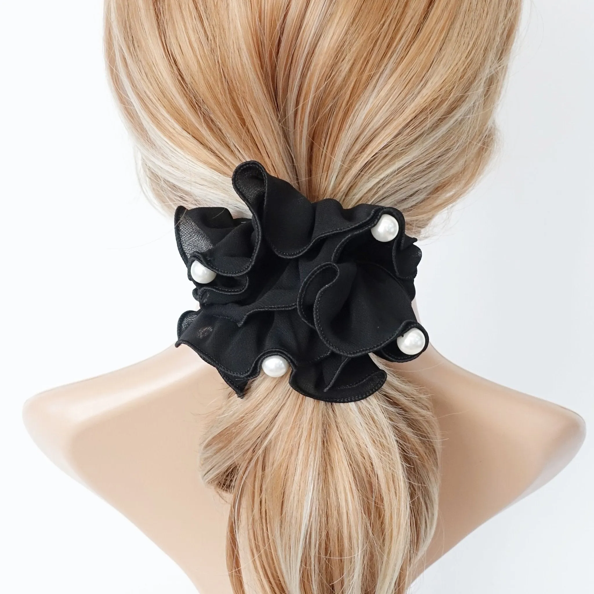 pearl decorated chiffon scrunchies women hair elastic scrunchie