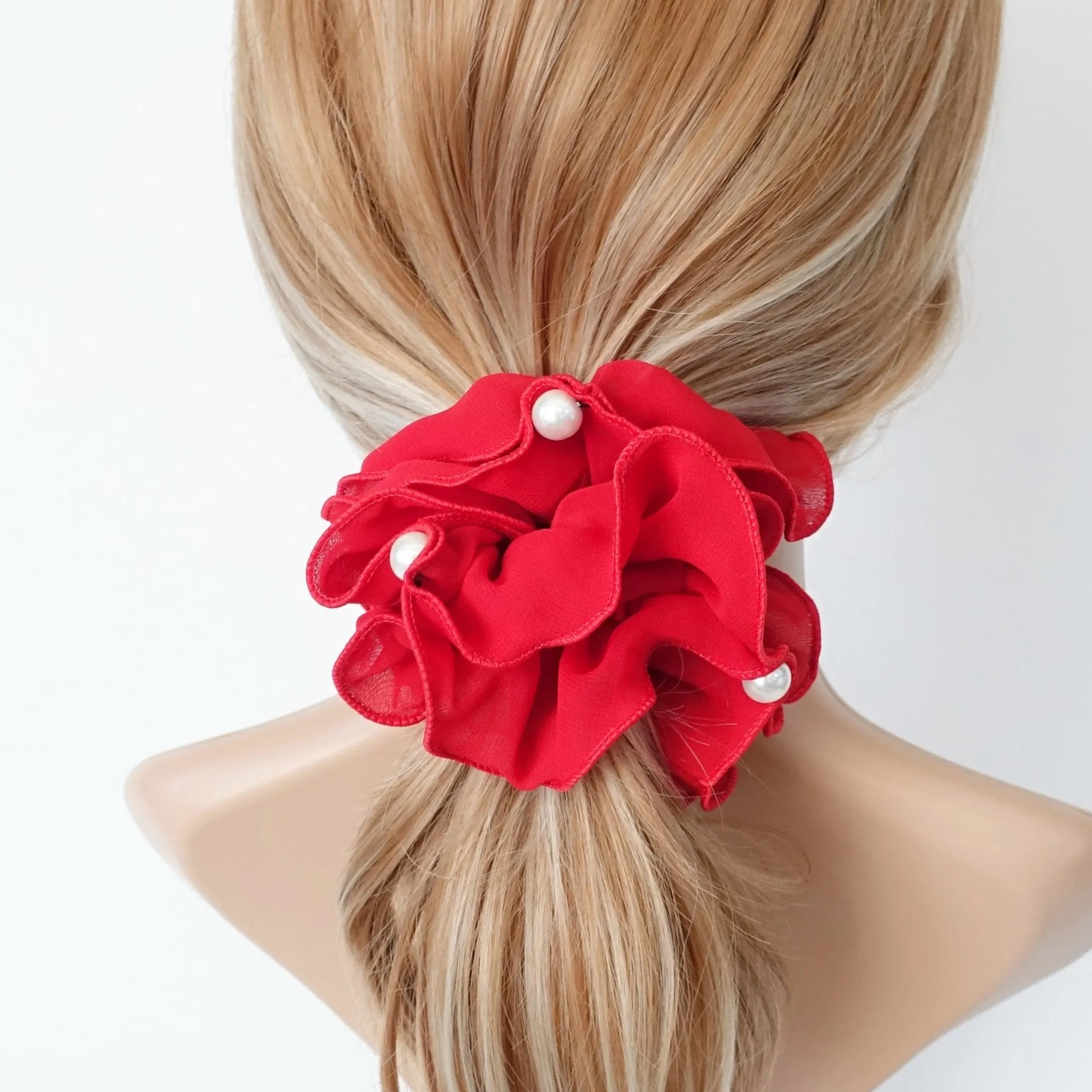 pearl decorated chiffon scrunchies women hair elastic scrunchie