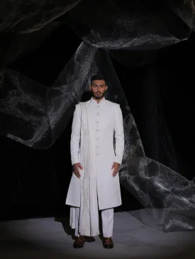 Pearl White Sherwani With Hand Embroidery On Dupatta