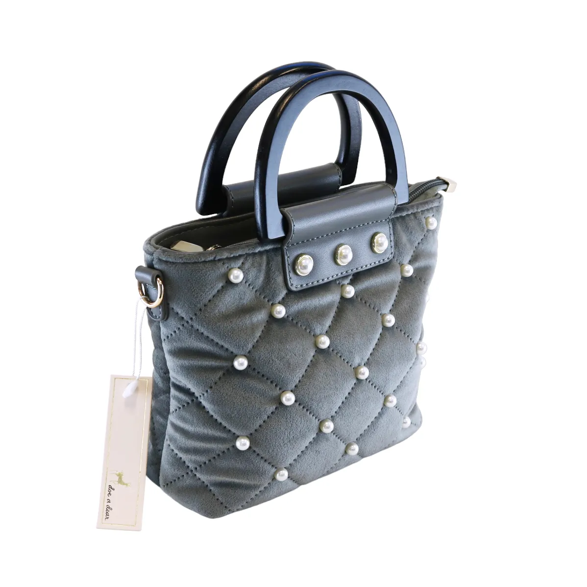 Pearls Quilted Velvet Bag - Grey