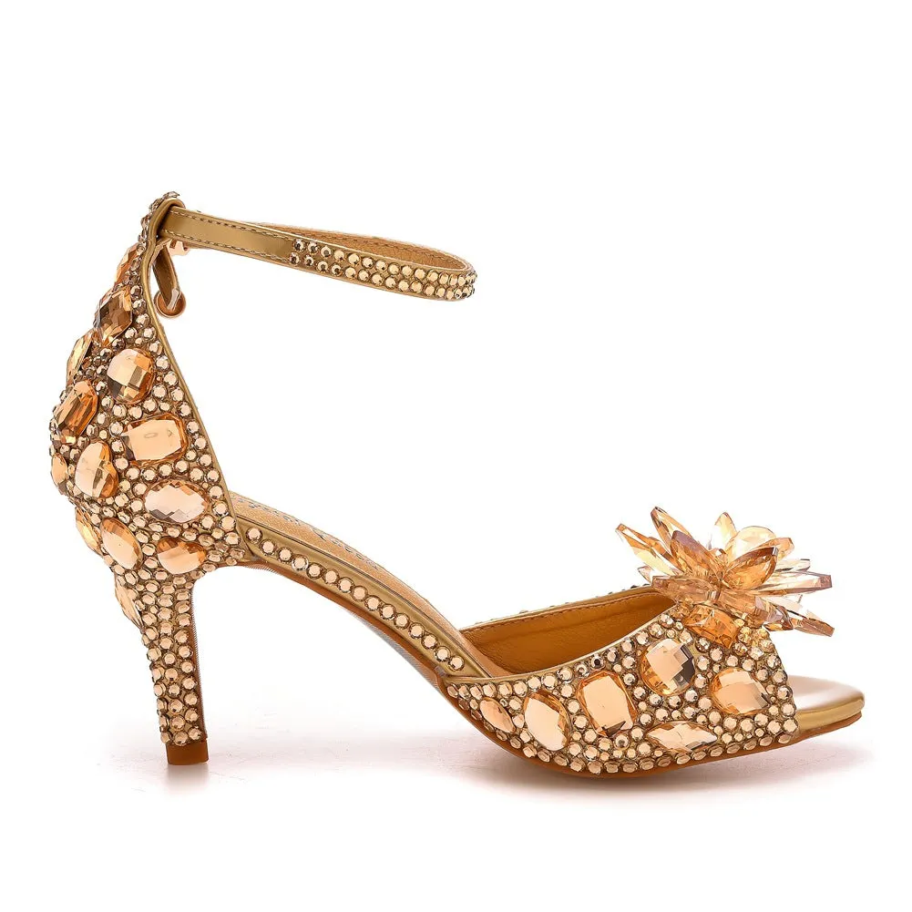 Peep Toe Crystal Rhinestone Ankle-Strap High Heels