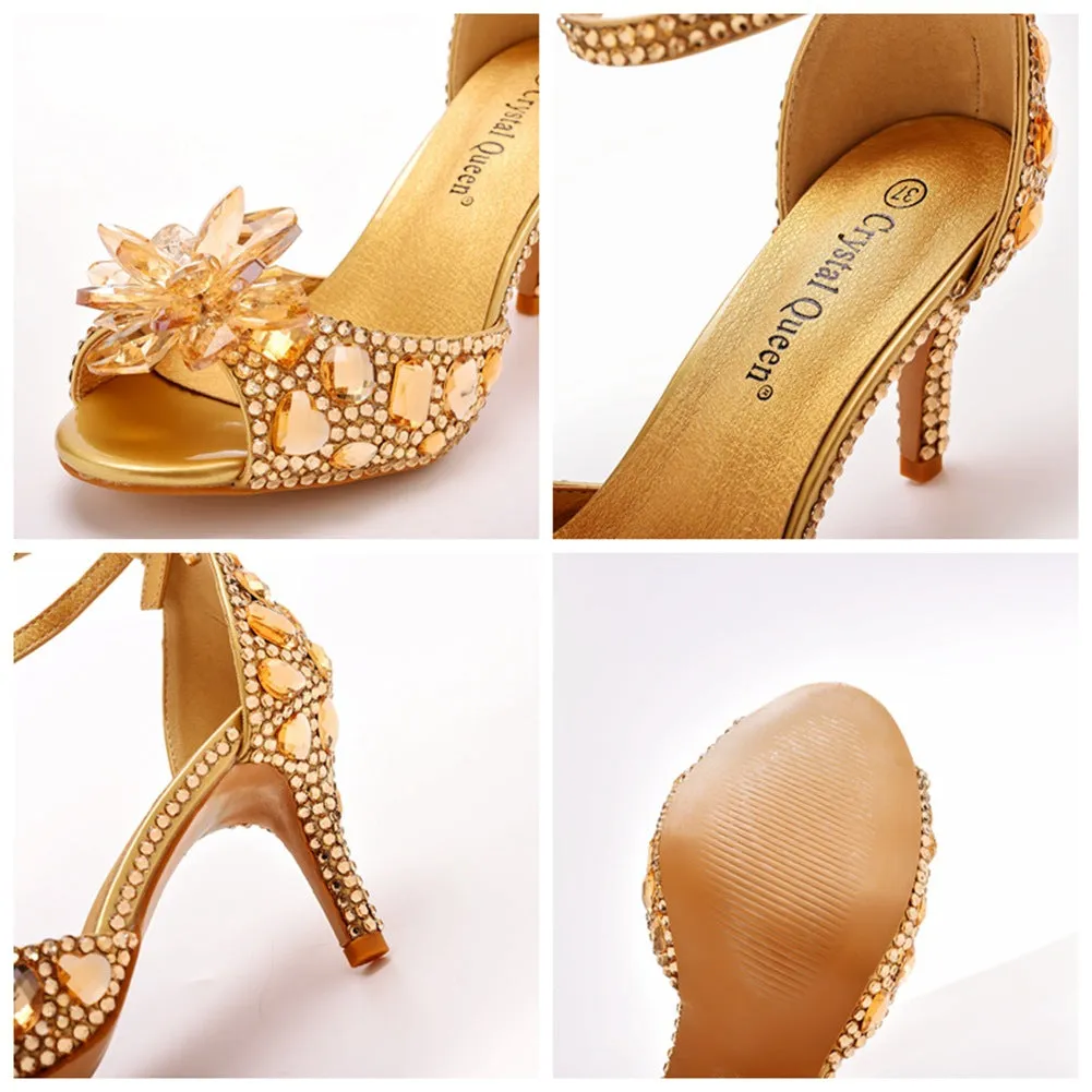 Peep Toe Crystal Rhinestone Ankle-Strap High Heels