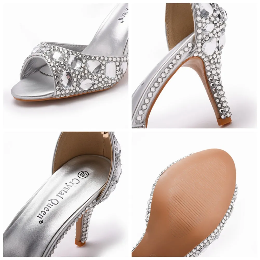 Peep Toe Rhinestone Decor Ankle-Strap High Heels