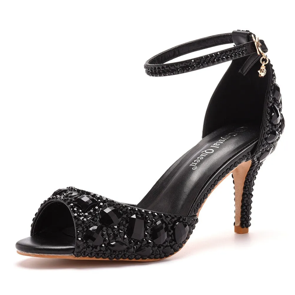 Peep Toe Rhinestone Decor Ankle-Strap High Heels