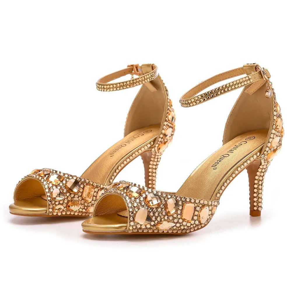 Peep Toe Rhinestone Decor Ankle-Strap High Heels