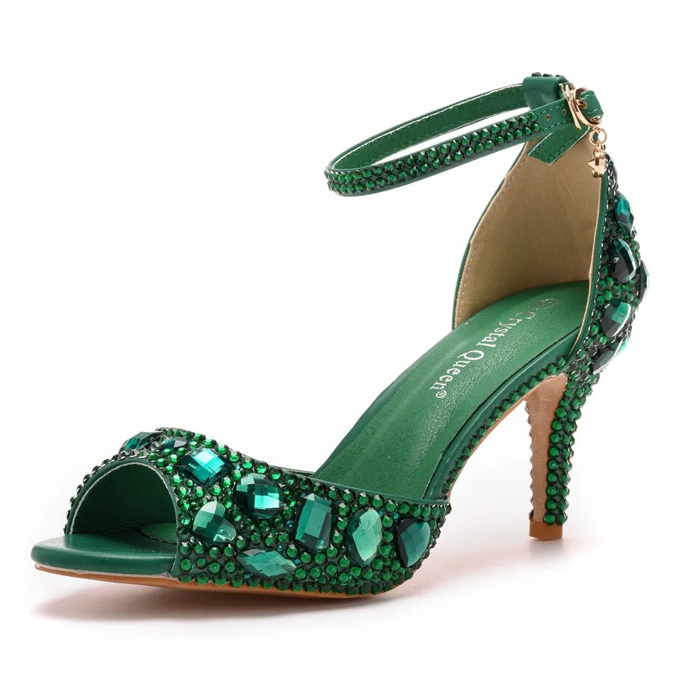 Peep Toe Rhinestone Decor Ankle-Strap High Heels