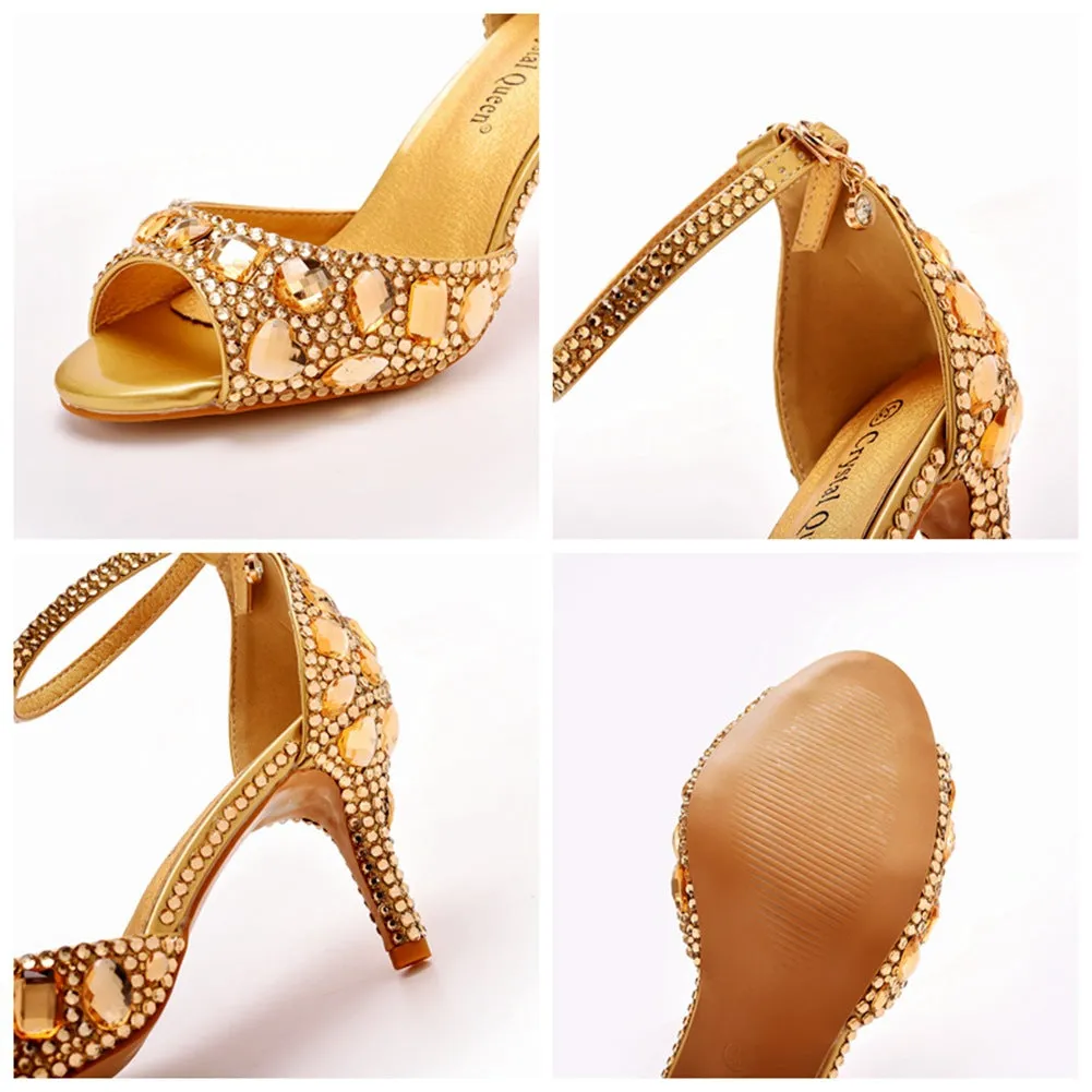 Peep Toe Rhinestone Decor Ankle-Strap High Heels