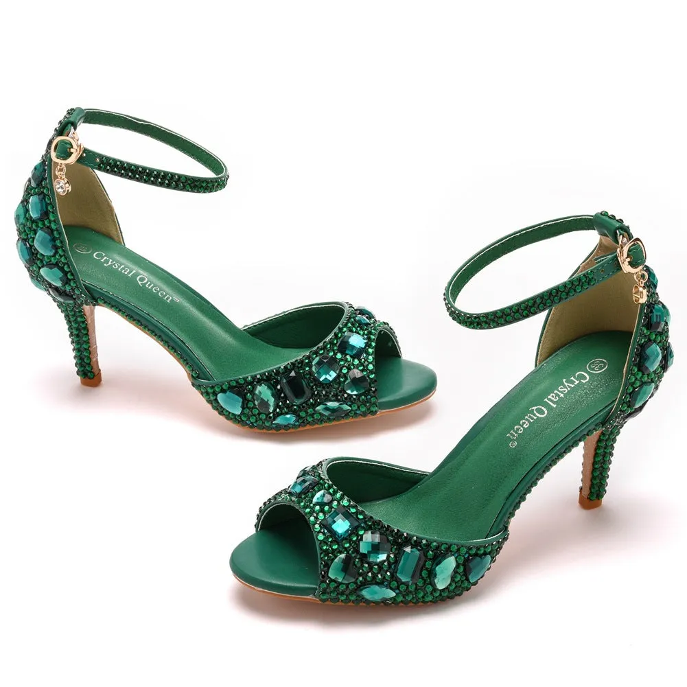 Peep Toe Rhinestone Decor Ankle-Strap High Heels