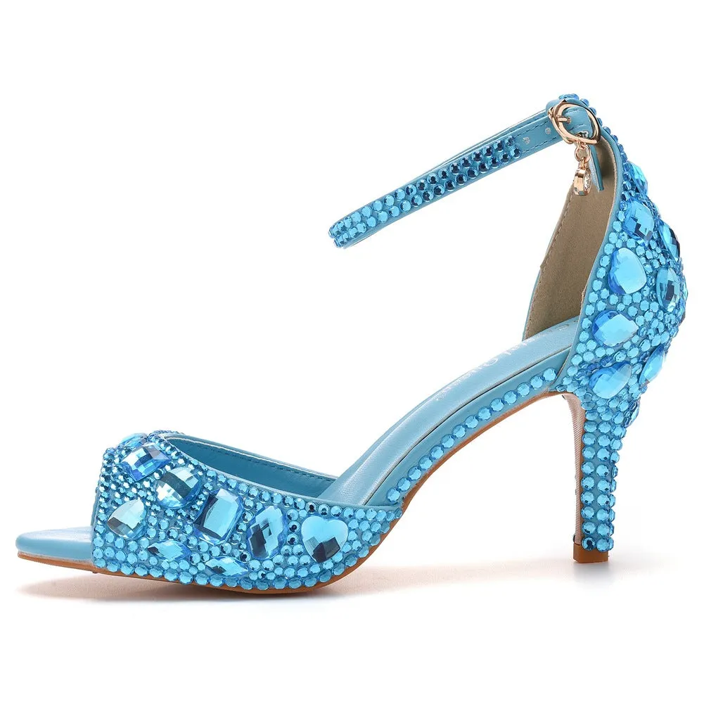 Peep Toe Rhinestone Decor Ankle-Strap High Heels