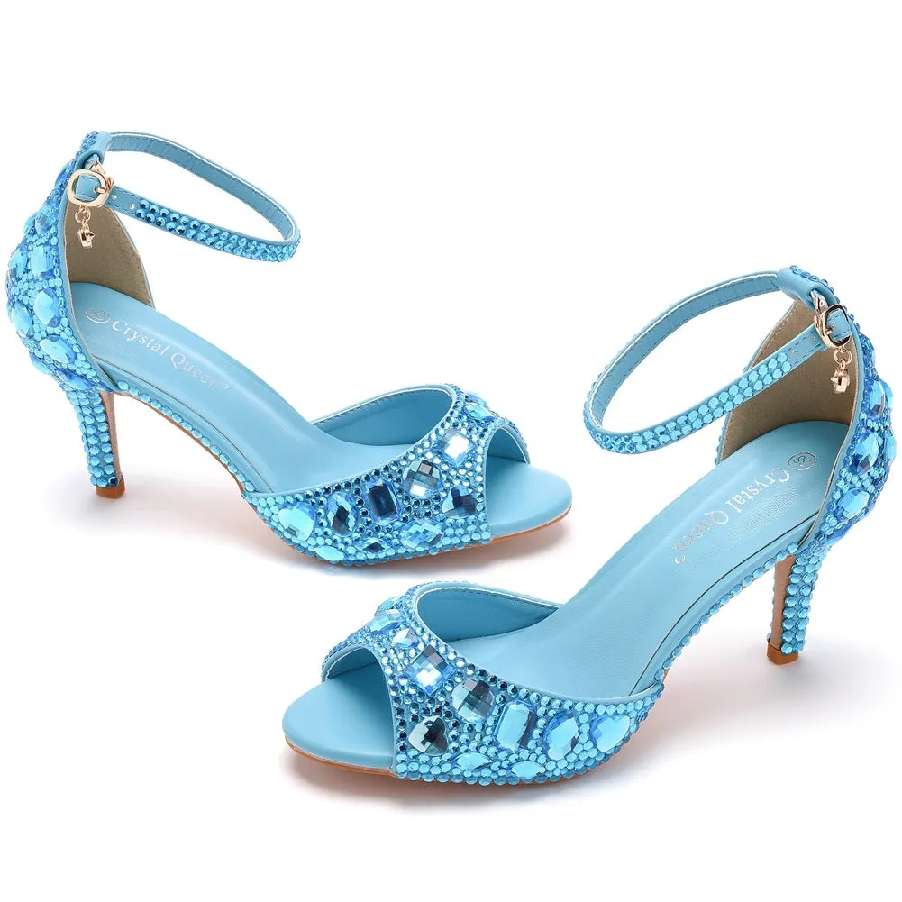 Peep Toe Rhinestone Decor Ankle-Strap High Heels