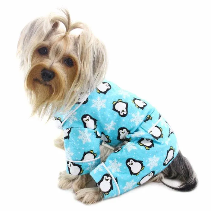 Penguins And Snowflakes Flannel Dog Pajamas Turquoise Large