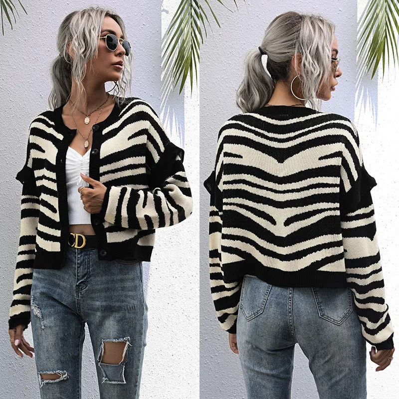 PEOPLETERRITORY women's clothing New new knitted sweater jacket short contrasting stripes splicing cardigan short