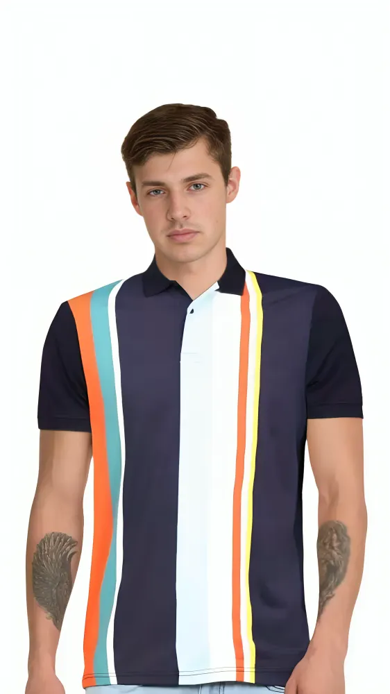 Pepe Jeans Men Striped Polo Neck Cotton Blend Blue T-Shirt.