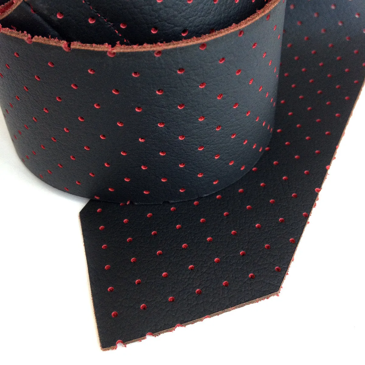 Perforated Black & Red Leather Necktie. Red backed automotive leather tie