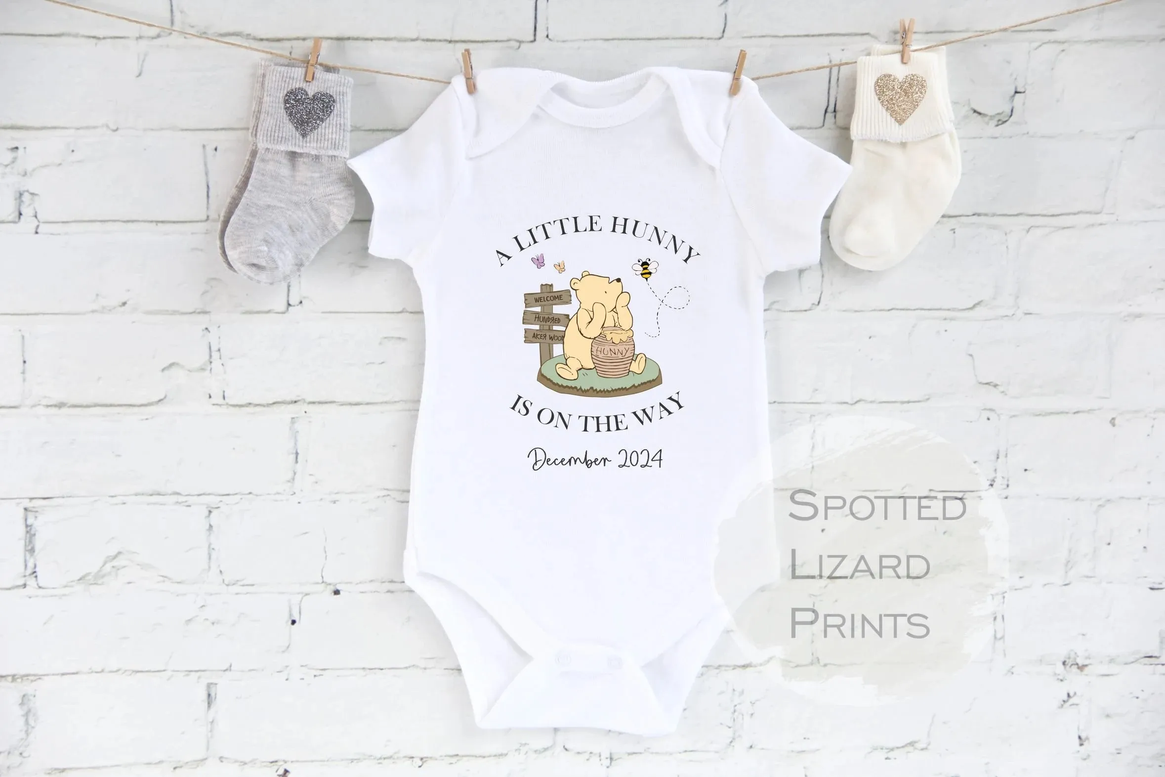 Personalised A Little Hunny is on the Way Classic Winnie the Pooh Baby Rompersuit or Baby Vest | New Baby Coming Home outfit, Baby announcement