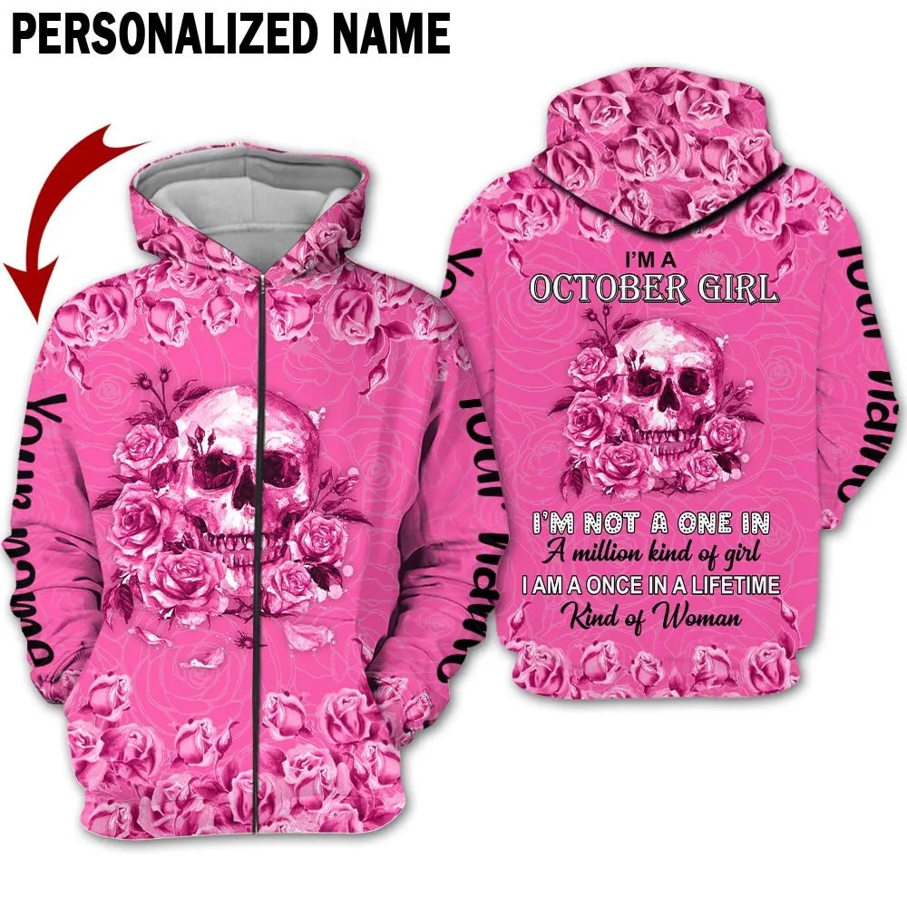 Personalized Name Birthday Outfit October Girl Skull Flower Pink Pink Birthday Shirt For Women