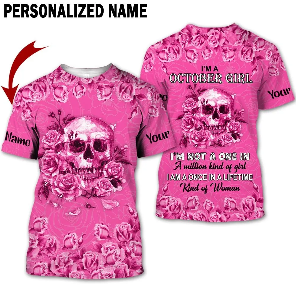 Personalized Name Birthday Outfit October Girl Skull Flower Pink Pink Birthday Shirt For Women