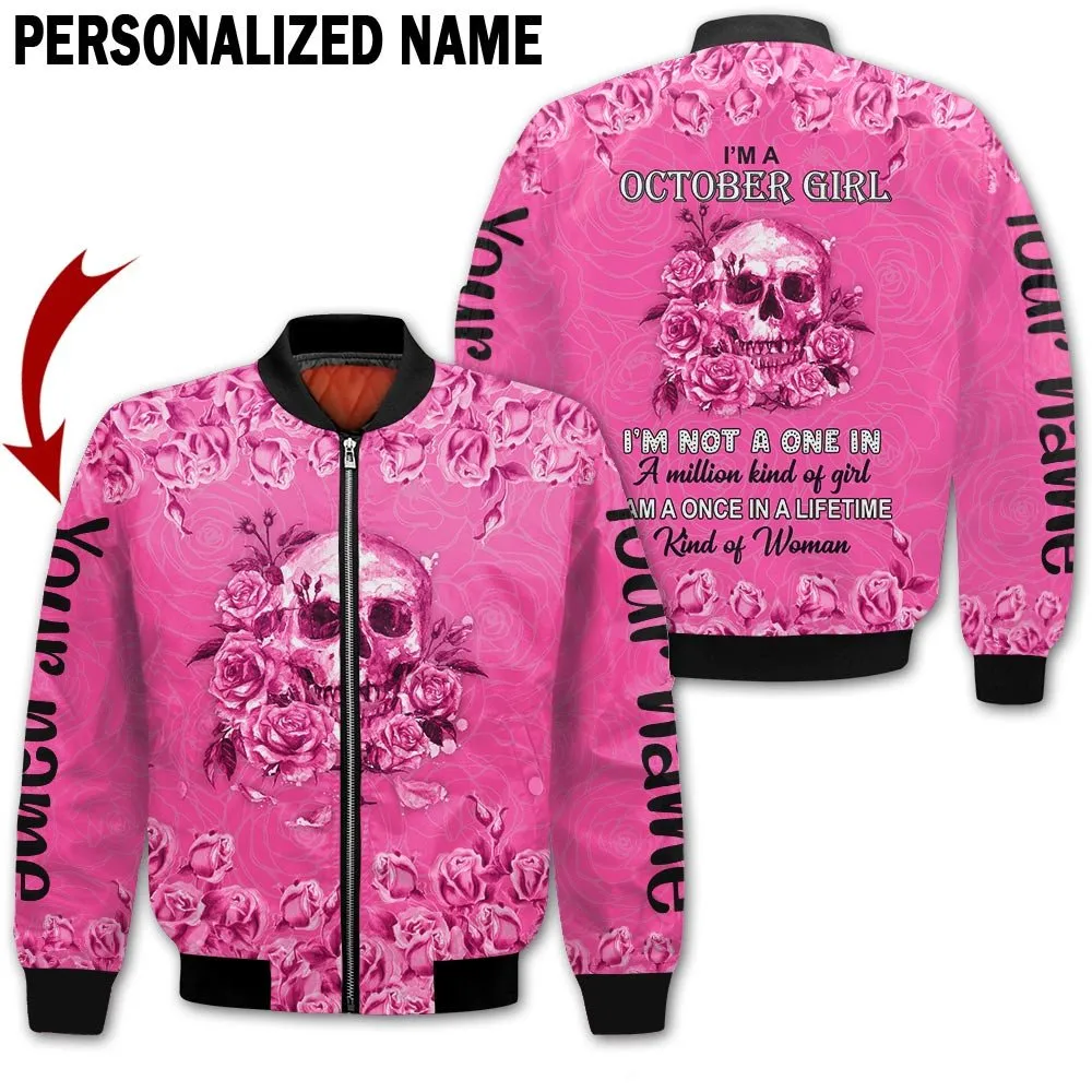 Personalized Name Birthday Outfit October Girl Skull Flower Pink Pink Birthday Shirt For Women