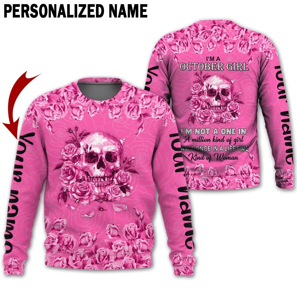 Personalized Name Birthday Outfit October Girl Skull Flower Pink Pink Birthday Shirt For Women