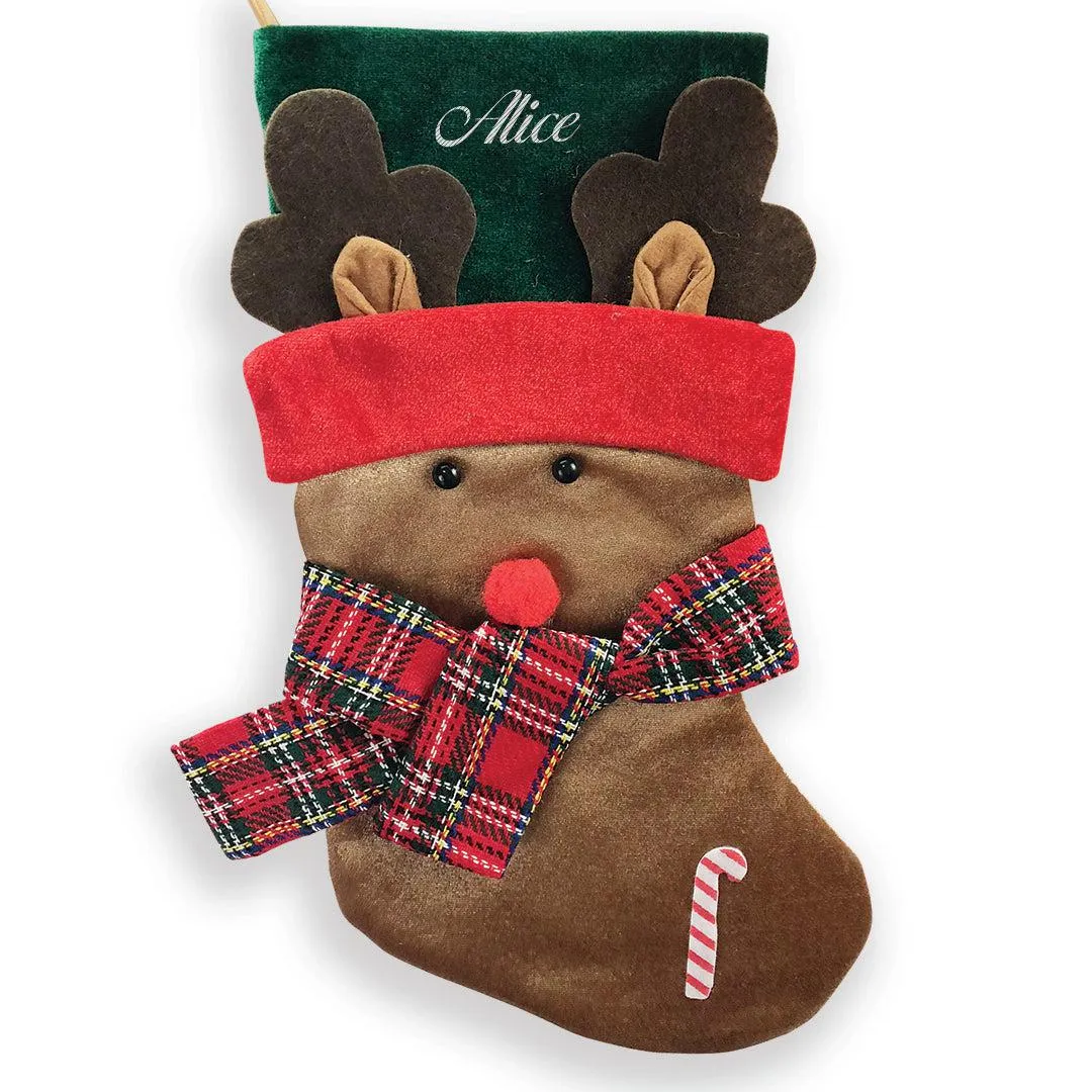 Personalized Plaid Scarf Reindeer Stocking