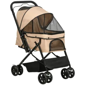 Pet Stroller Dog Foldable Travel Carriage with Reversible Handle, Brown