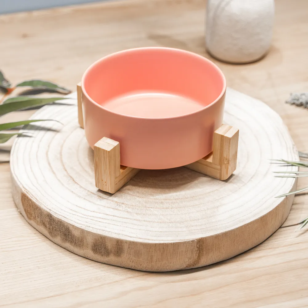 Petal Pink Ceramic Pet Bowl with Bamboo Base