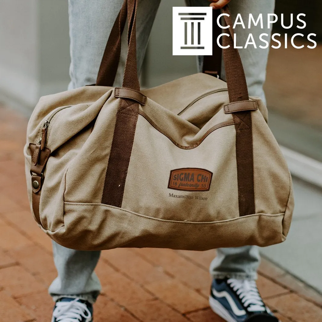 Phi Delt Khaki Canvas Duffel With Leather Patch