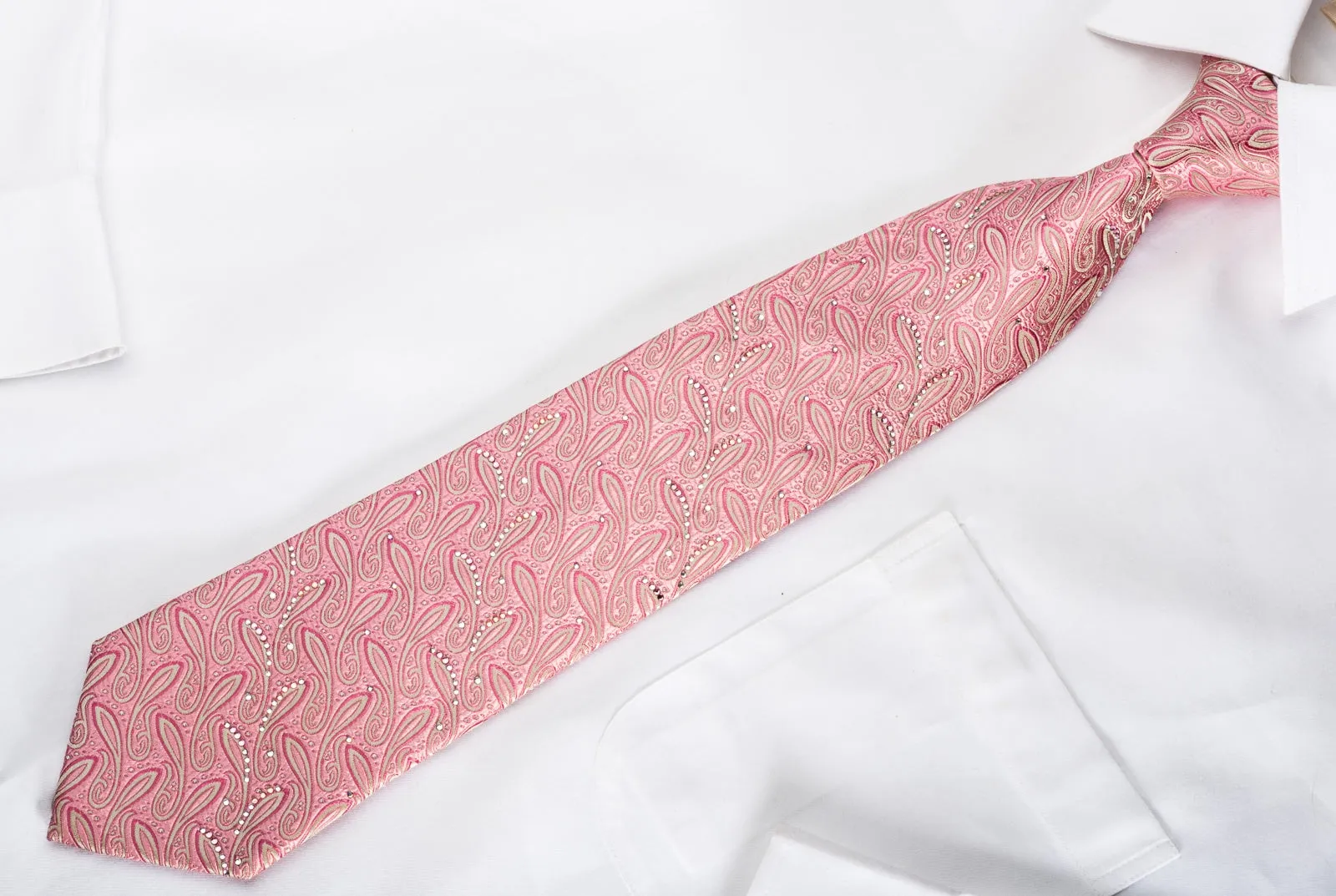 Pierre Cardin Men's Silk Tie Paisley On Pink Sparkling With Rhinestones