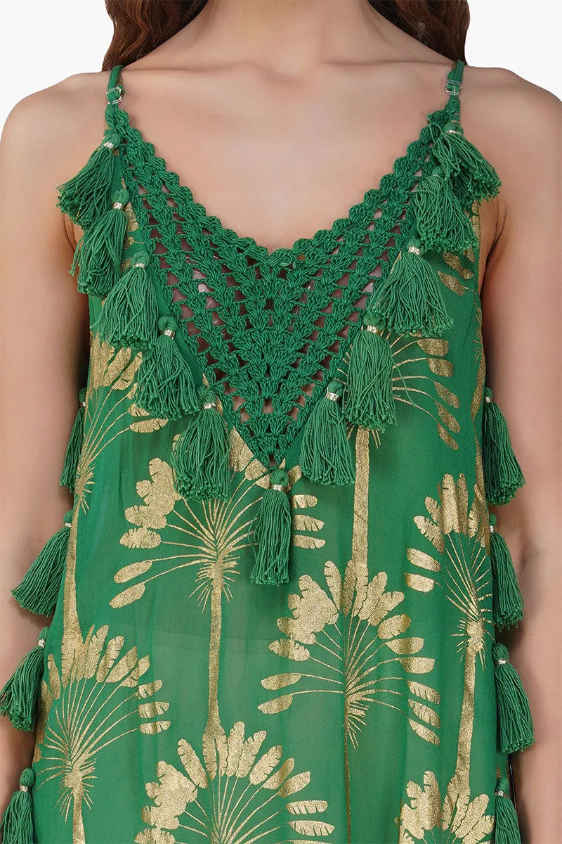 Pine Green Palm Tassel Foil Maxi Dress